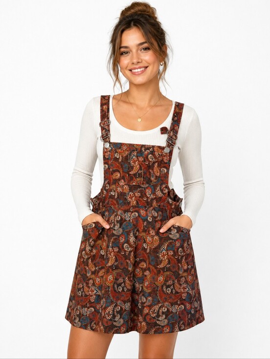 Cider Pants - Cider Paisley Overall Mini Dress Jumper Pinafore Adjustable Straps Size Large